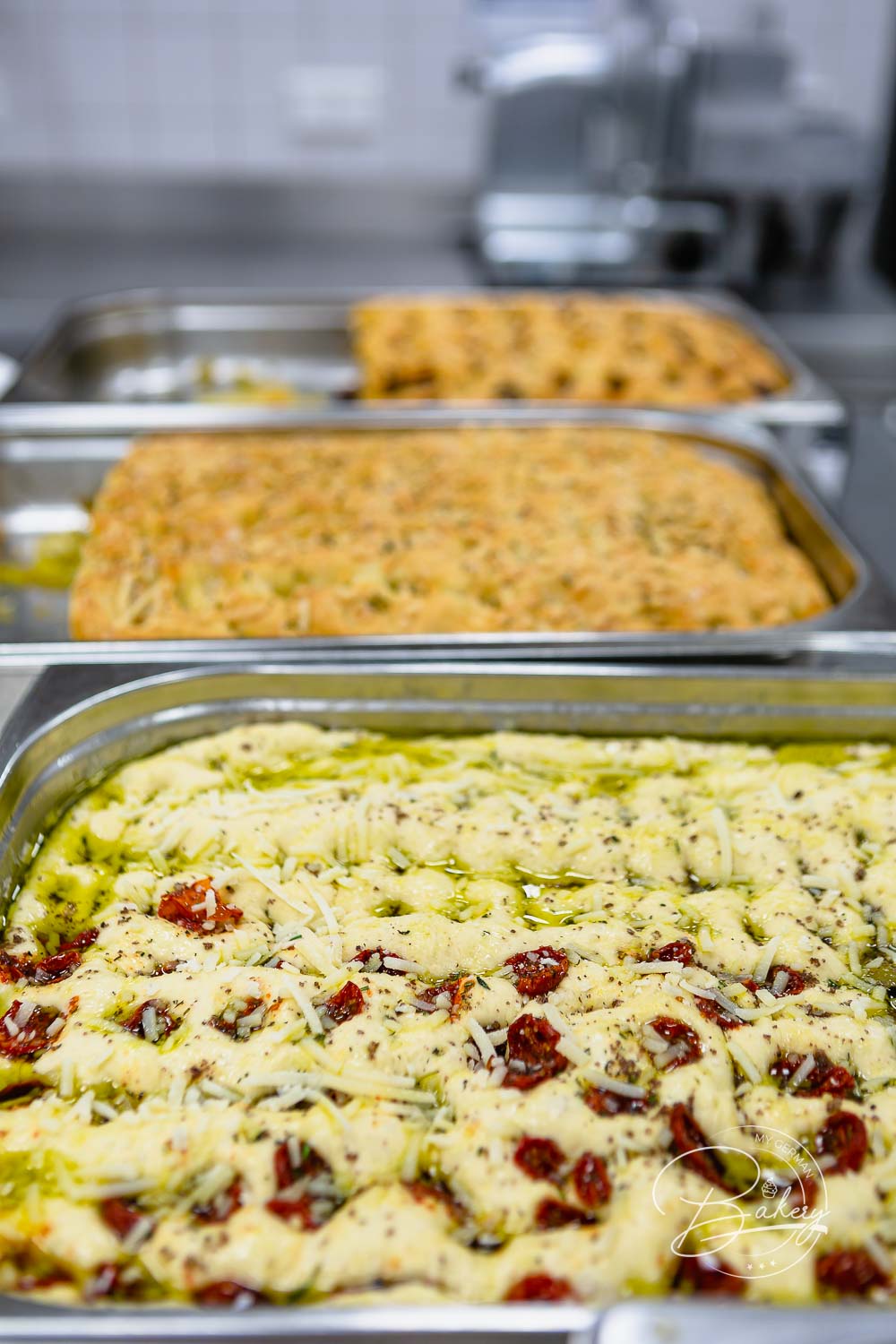 Hotel restaurant kitchen - Focaccia recipe - Italian bread for dinner - Make your own focaccia bread - Instructions for focaccia recipe, the Italian bread with olives, tomatoes or peppers. Lots of olive oil and spices, and salt. Flour yeast