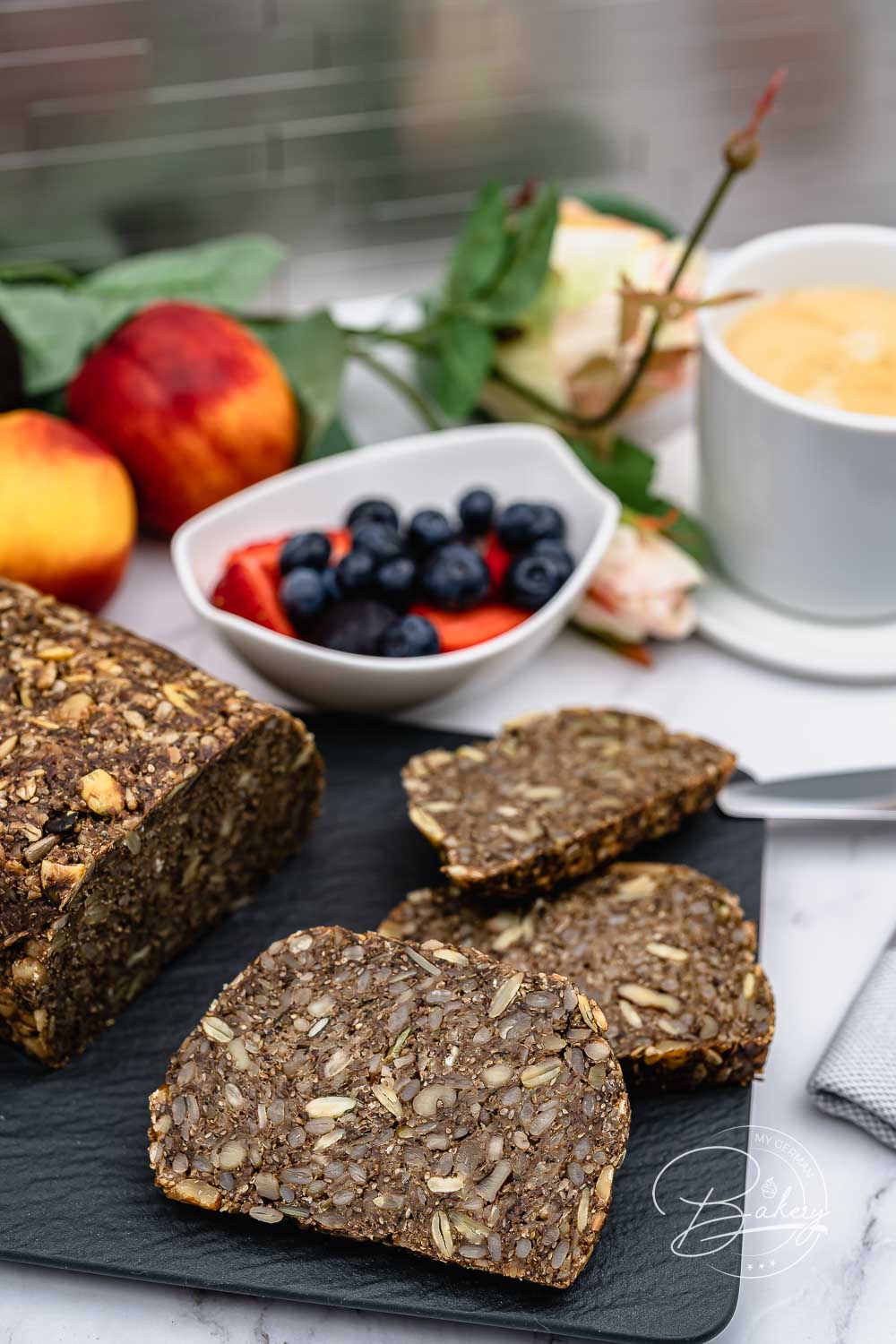 Low carb seed bread recipe with baking powder - Healthy bread for breakfast as grain bread with oatmeal - Recipe - Simple seed bread without flour - succeeds fast, nutritious, healthy - vegan and gluten-free.