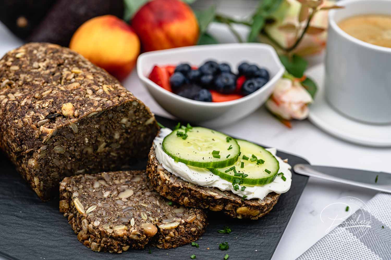 Low carb seed bread recipe with baking powder - Healthy bread for breakfast as grain bread with oatmeal - Recipe - Simple seed bread without flour - succeeds fast, nutritious, healthy - vegan and gluten-free.