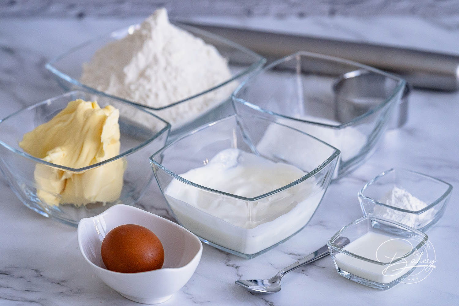 Ingredients for scones recipe - homemade traditional English scones - flaky biscuits recipe - Simple recipe for original English scones with clotted cream for High Tea Ceremony and for English breakfast - little round cakes