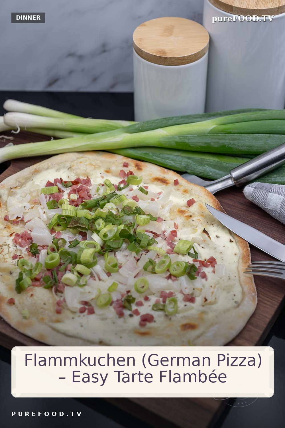 Easy and delicious tarte flambée recipe for simple Alsatian tarte flambée with bacon, onions and sour cream. We have put additional spring onions on the crunchy tarte flambée dough, however, you can bake the tarte flambée according to the original recipe from Alsace without. Quickly finished and really tasty has become our recipe.